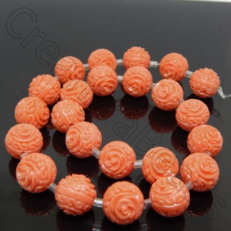 Perla Sfera in resina 14mm  intagliata rilievo Rosa tono Arancio corallo
