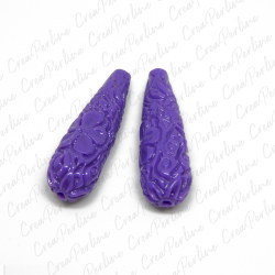 Perla Goccia  in resina intagliata rilievo fiori colore Viola 35x12mm