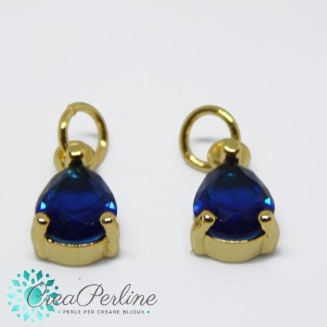 Charms Ciondolo Goccia in ottone tono oro  con zircone Blu sapphire