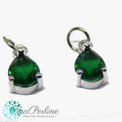 Charms Ciondolo Goccia in ottone tono argento  con zircone Verde Emerald