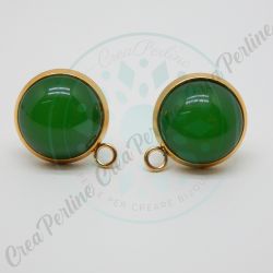  Perno Orecchini Bottone 10 mm  in acciaio oro Imitazione Giada Smeraldo verde - 1 Paio