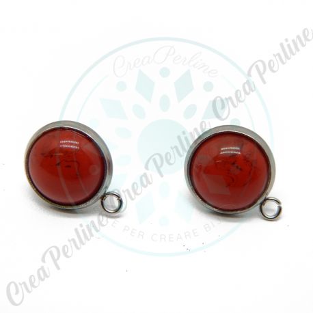  Perno Orecchini Bottone 10 mm  in acciaio e acrilico Imitazione Howlite Rosso - 1 Paio