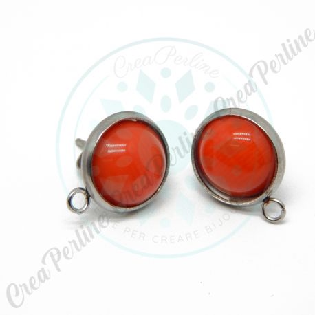  Perno Orecchini Bottone 10 mm in acciaio Imitazione Corallo Arancio - 1 Paio