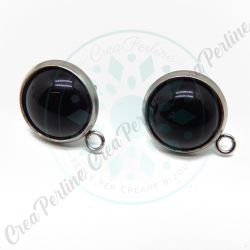 Perno Orecchini Bottone 10 mm  in acciaio Imitazione Onice Nero- 1 Paio