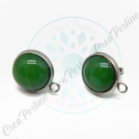  Perno Orecchini Bottone 10 mm in acciaio Imitazione Giada Smeraldo verde - 1 Paio